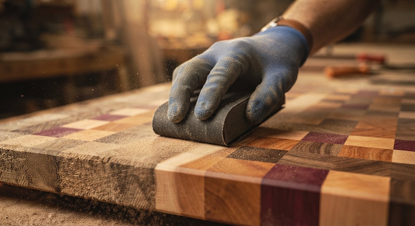 Using a sanding block to smooth an end grain wood surface with controlled strokes.