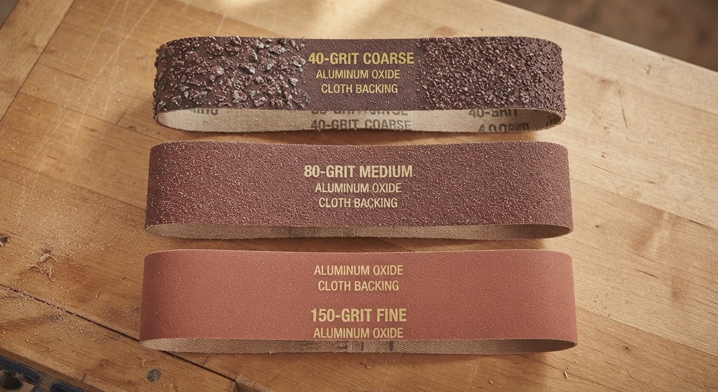 Three sanding belts of coarse, medium, and fine grits arranged in order on a workbench