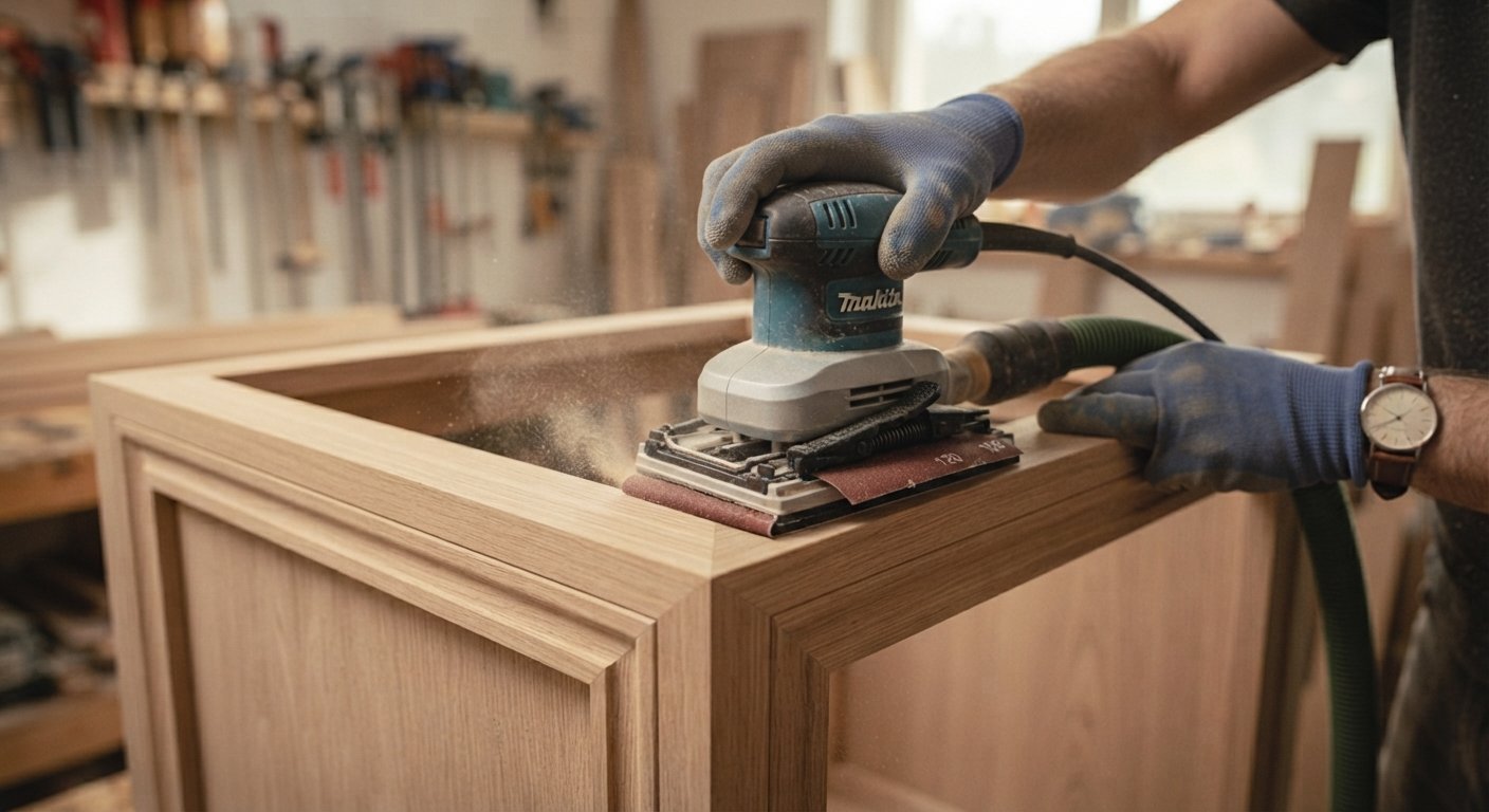 A sheet sander smoothing a tight corner and edge on a wooden cabinet frame.