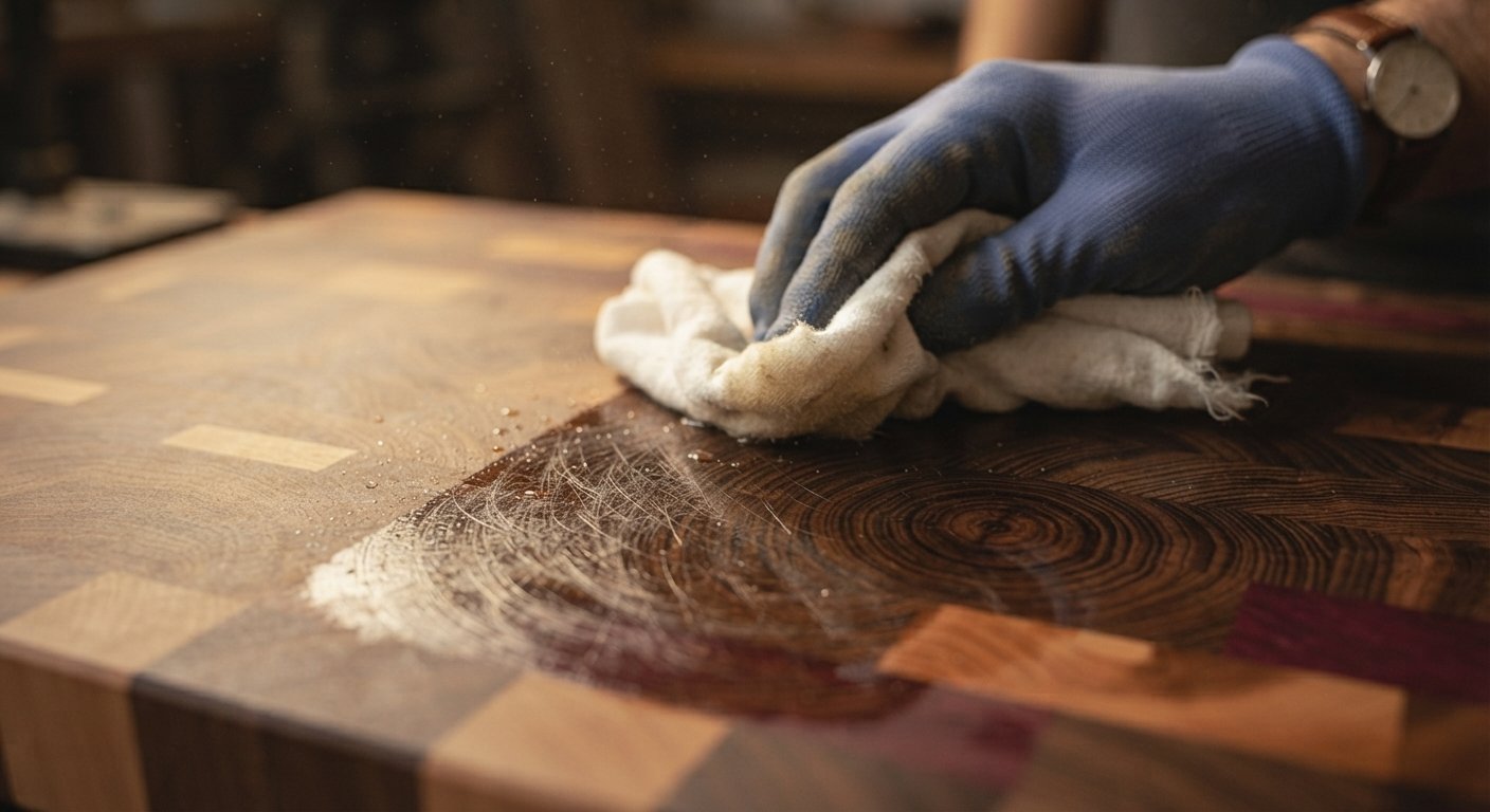 Wiping mineral spirits across sanded end grain wood to reveal hidden scratches.