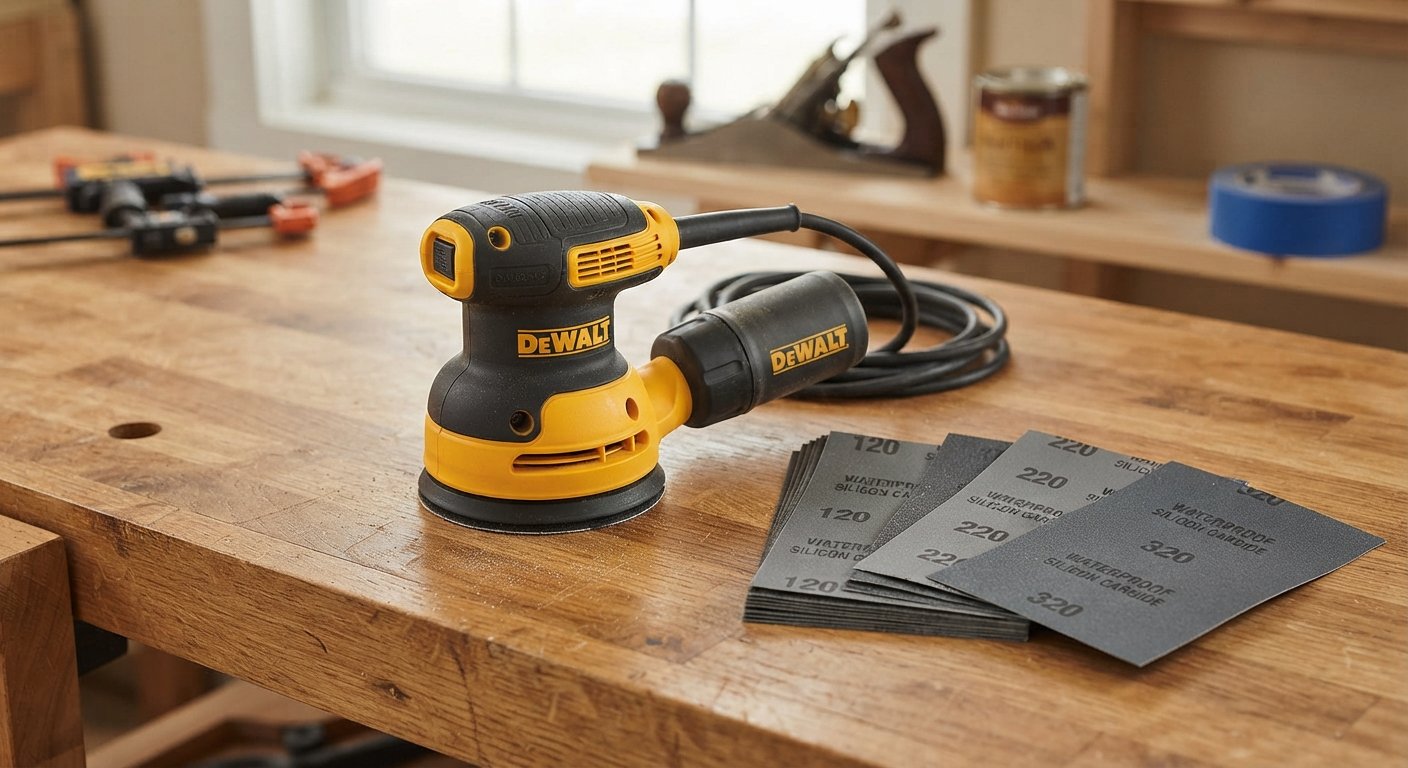 A random orbital sander and sandpaper sheets arranged on a wooden workbench.