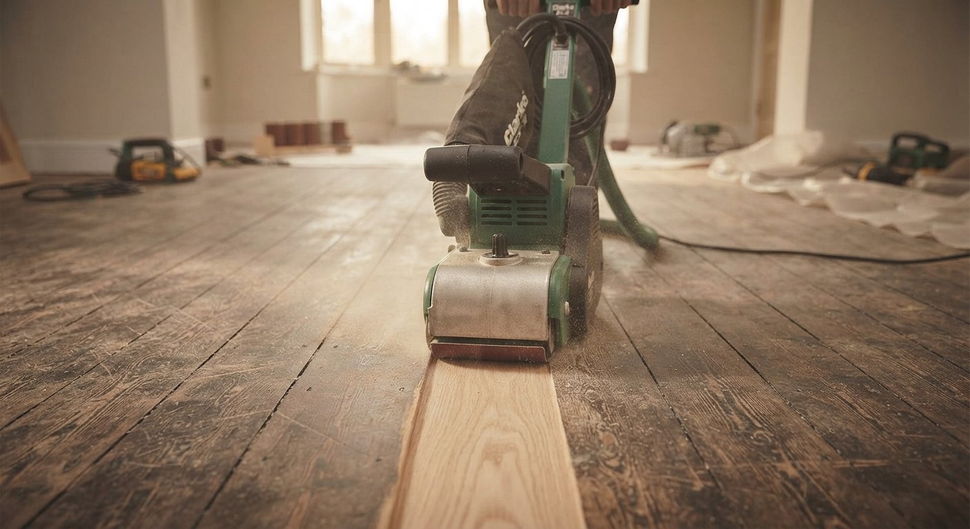A heavy-duty drum floor sander operating on a worn hardwood floor.