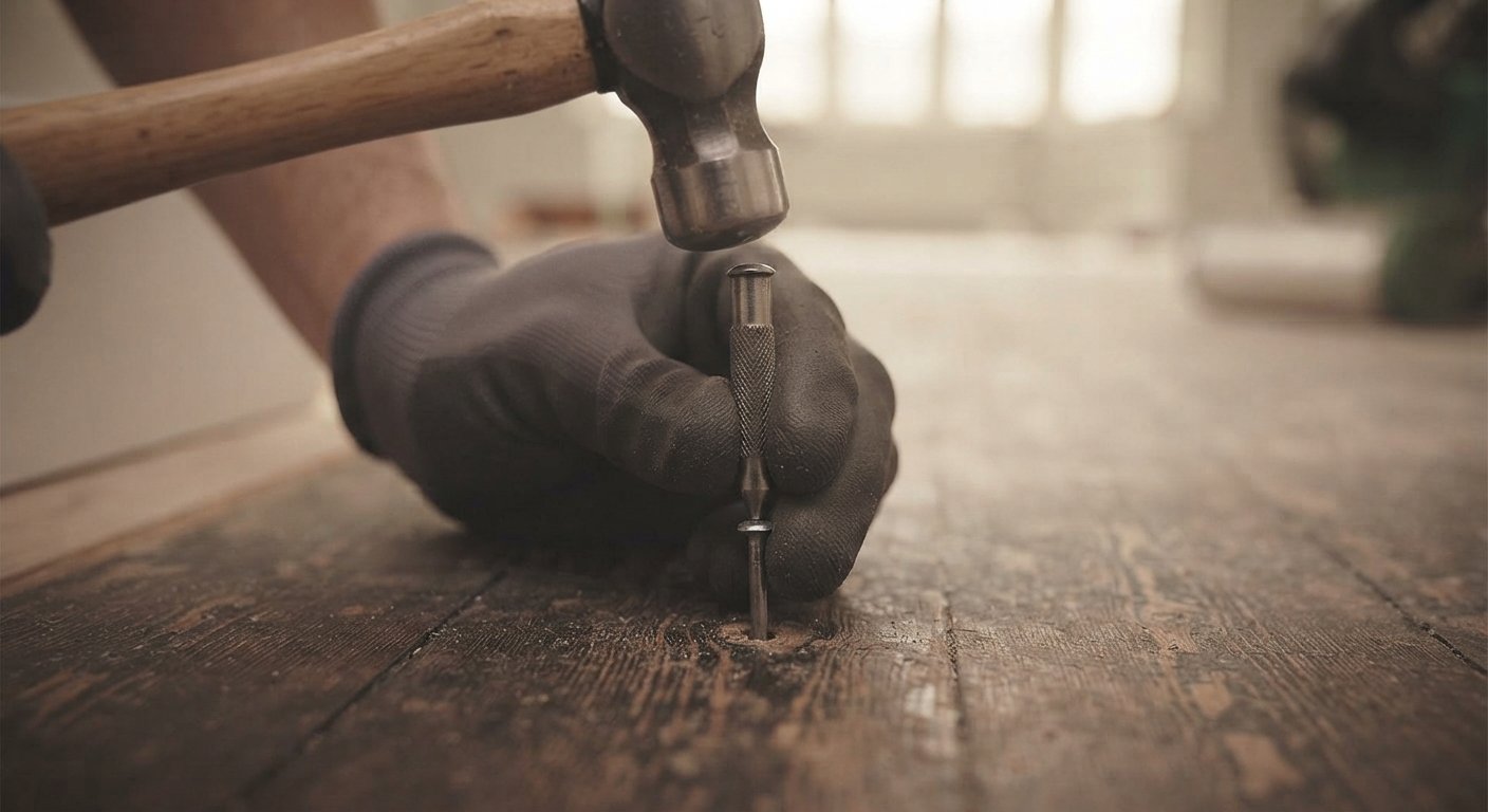 Using a hammer and nail set to sink a raised nail below the wood surface.