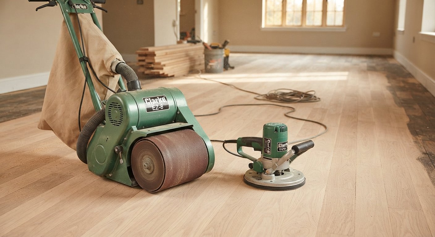 A drum floor sander and an edging sander positioned side by side on a hardwood floor.