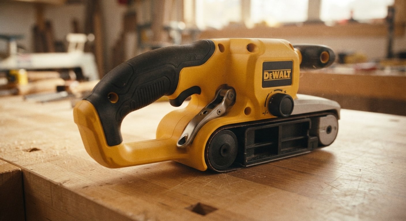 Close-up of a belt sander showing its handle, tension lever, and tracking knob