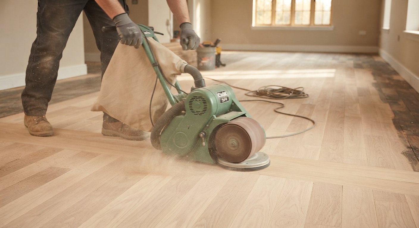 A person guiding a belt floor sander forward along the wood grain of a hardwood floor.