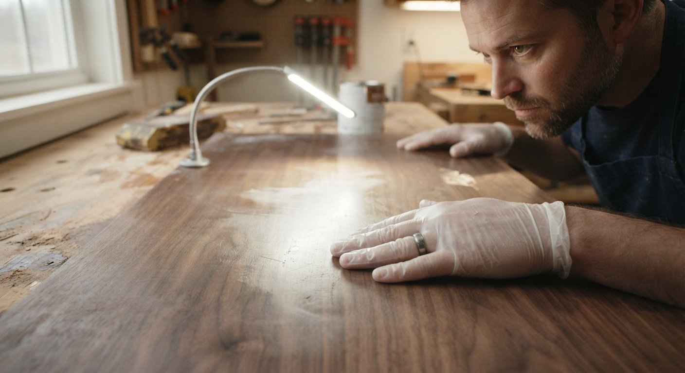 Inspecting a wooden surface under a shop light to check finish consistency.