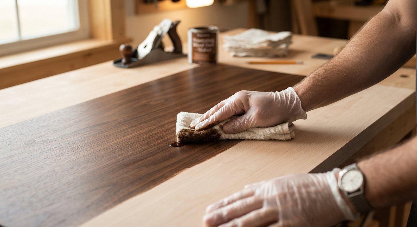 Using a tack cloth to wipe fine sawdust off a freshly sanded piece of wood.