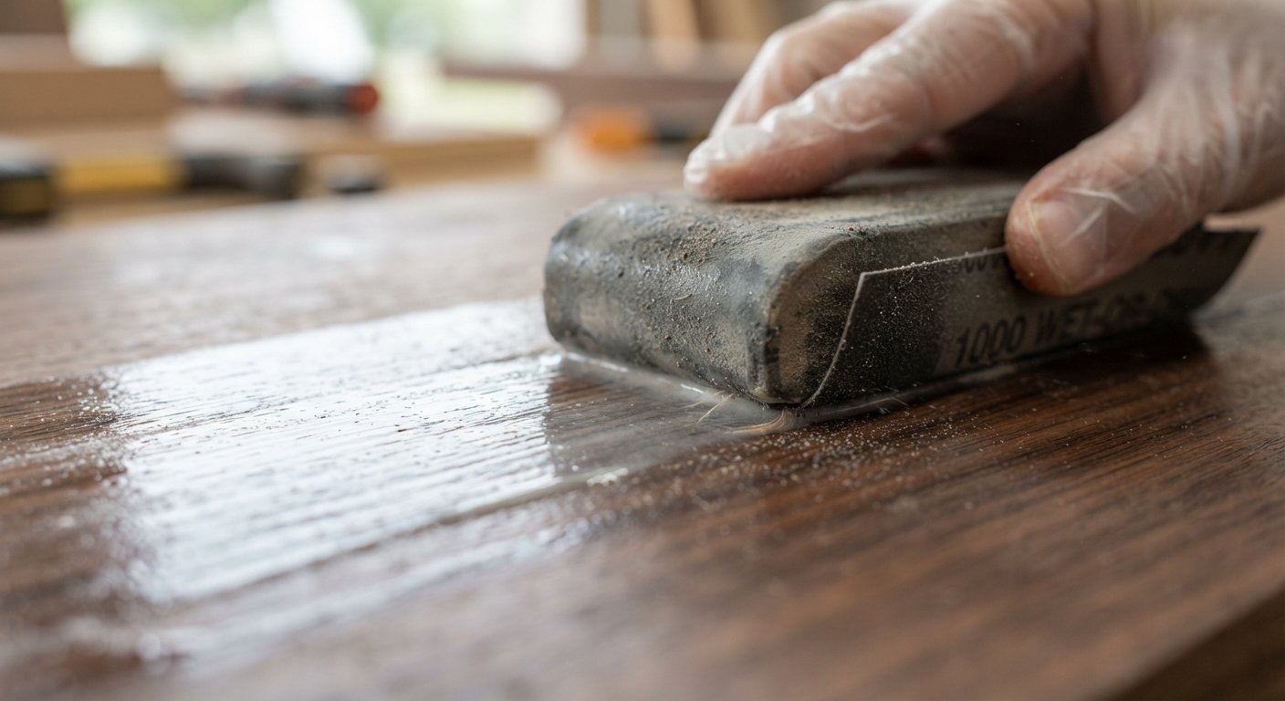 Close-up of a sanding block wet sanding a sealed wood surface along the grain.