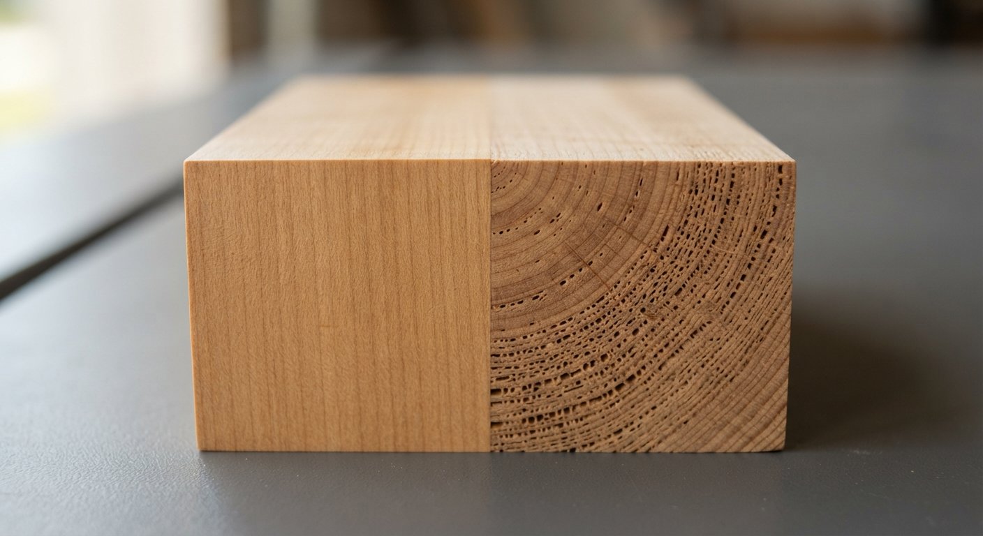 Close-up comparison showing parallel face grain next to porous end grain on hardwood.