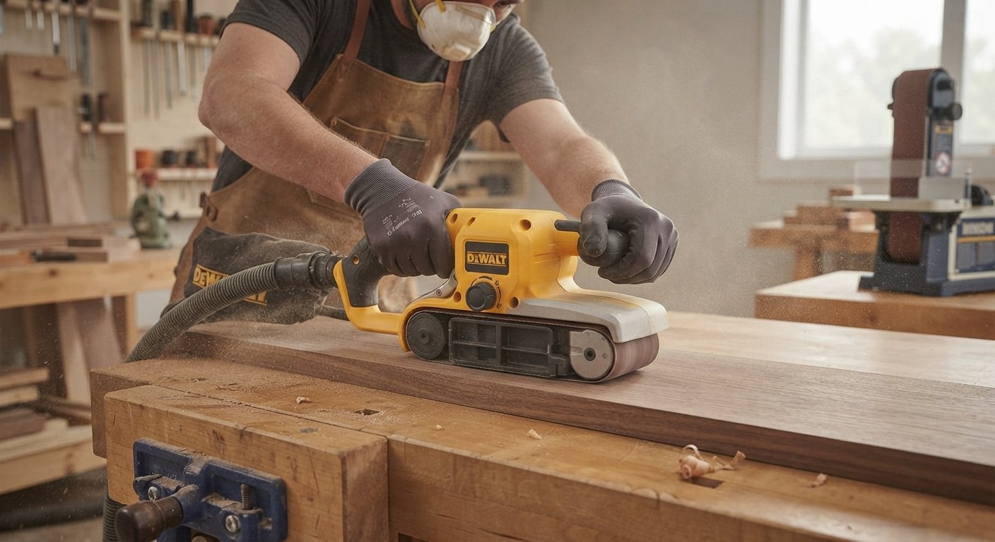A woodworker using both hands to guide a belt sander along the wood grain of a clamped plank.