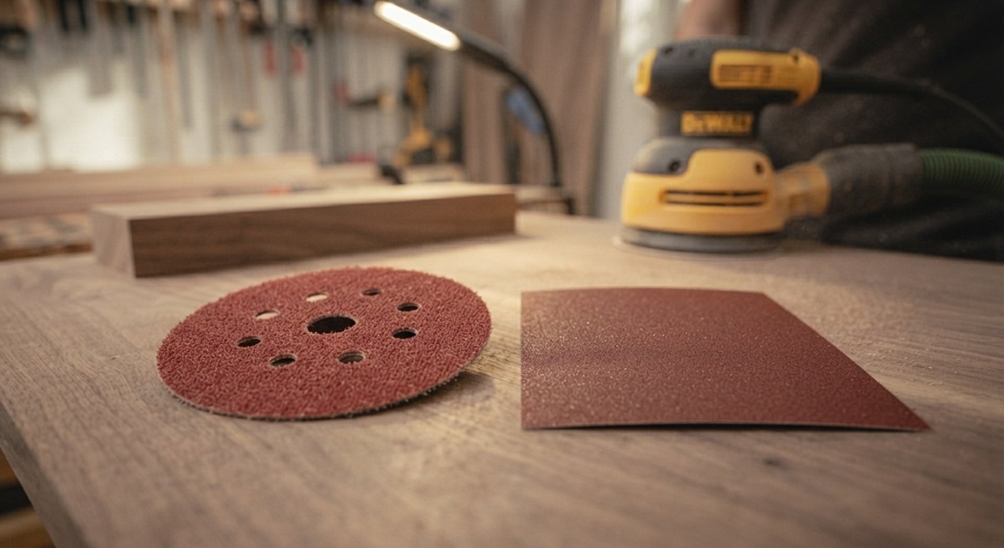 Round sanding discs and rectangular sandpaper sheets displayed together on a workshop bench.