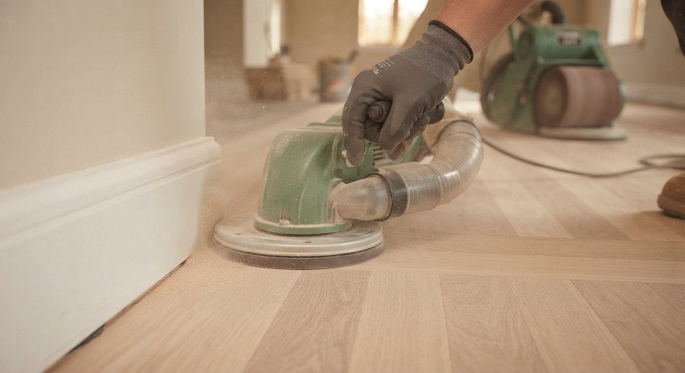 An edging sander being used to smooth the perimeter of a wooden floor near the baseboard.