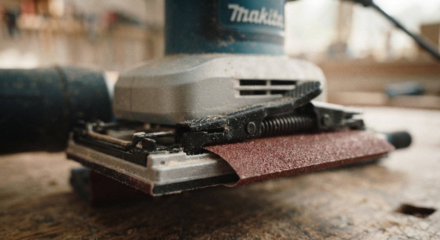 Close-up of a sheet sander showing its rectangular base plate and clamping mechanism.
