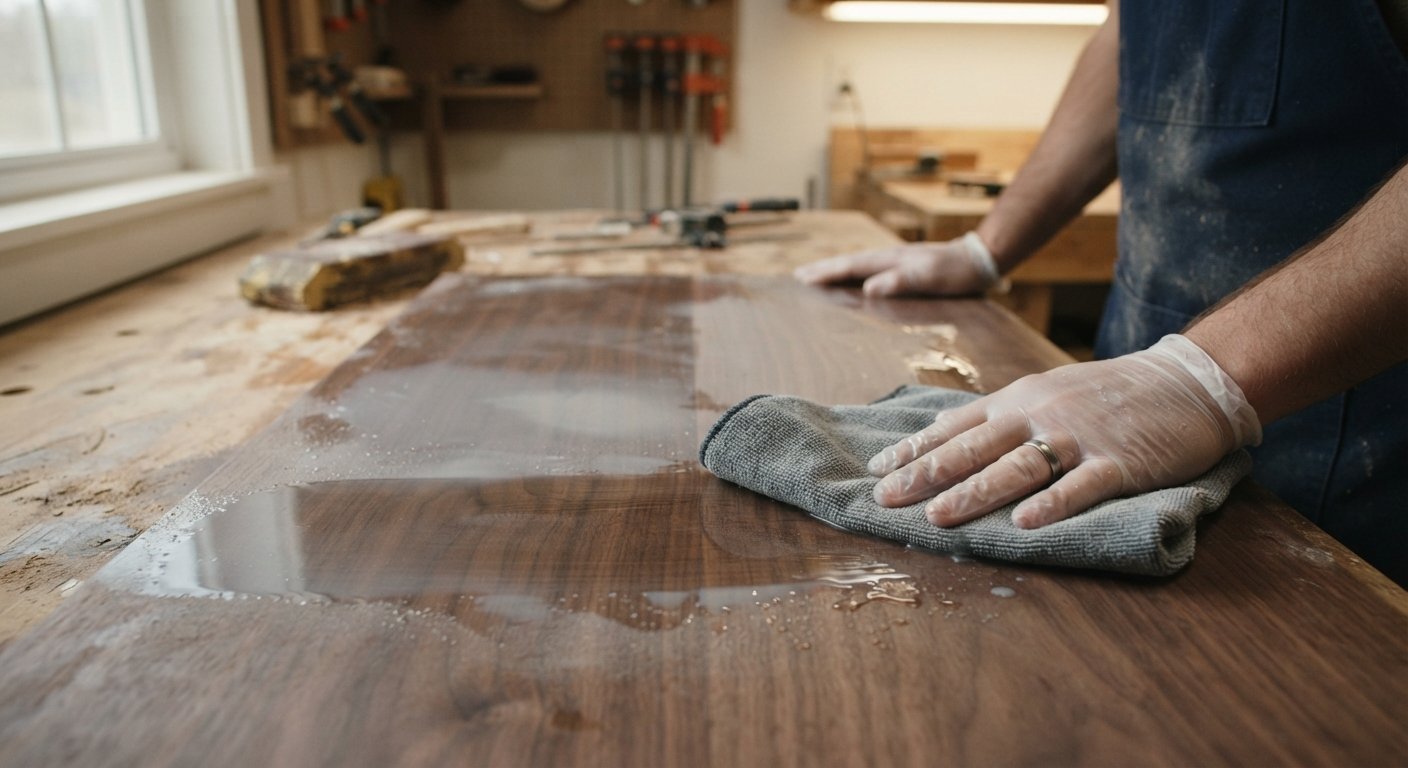 Wiping down a wet-sanded wood finish coat with a clean cloth.
