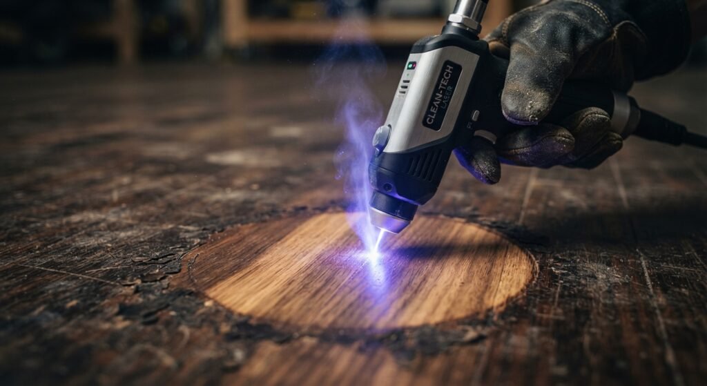 Close-up macro view of a laser beam performing laser ablation on a painted wooden board.