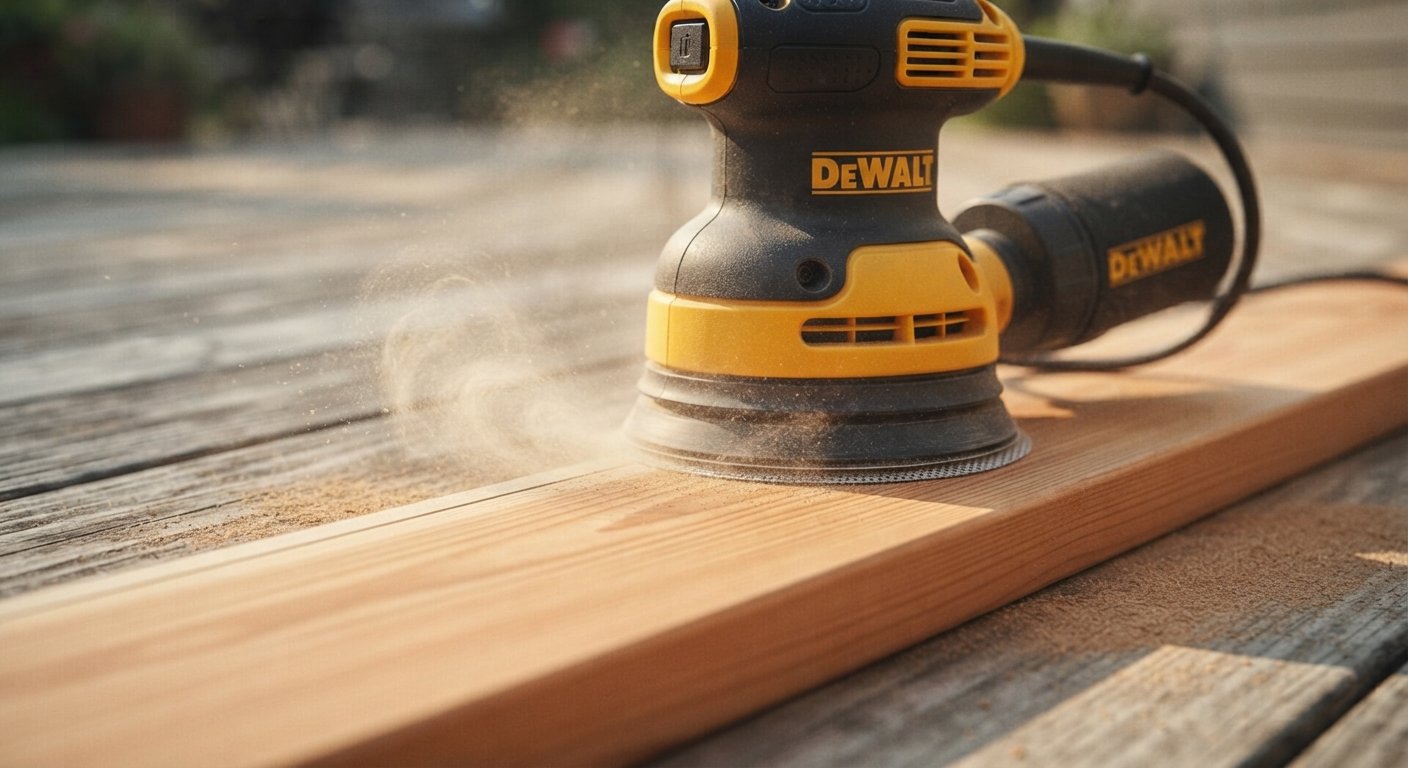 Close-up of a random orbital sander moving along the wood grain of a deck board.
