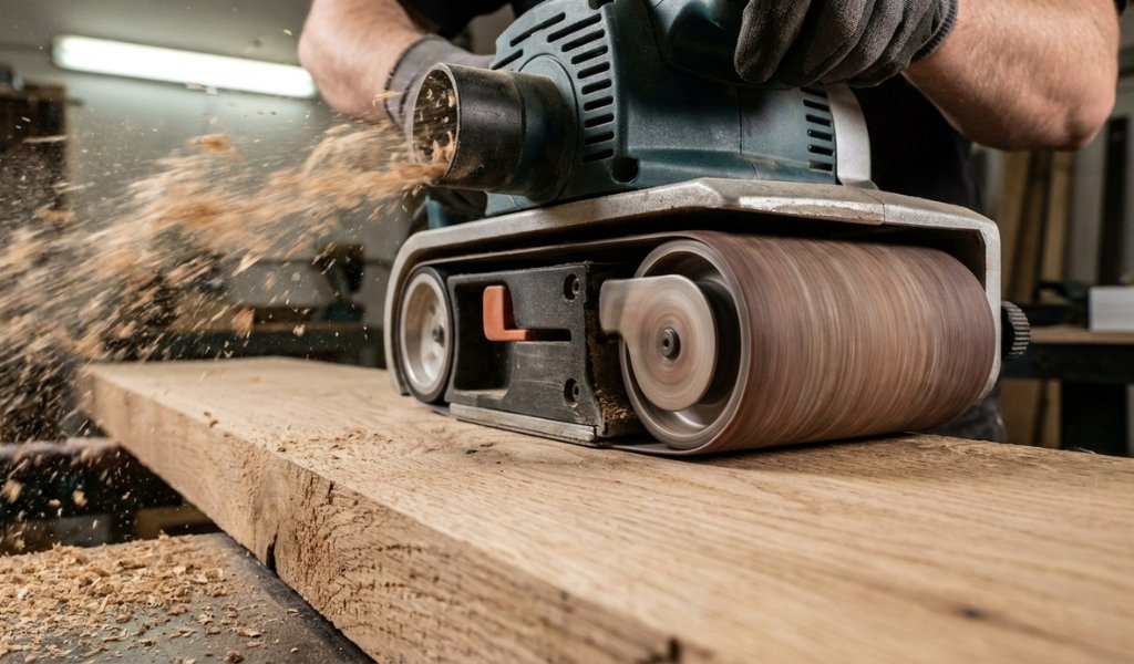 Operating a powerful electric belt sander for flattening rough-sawn wood stock