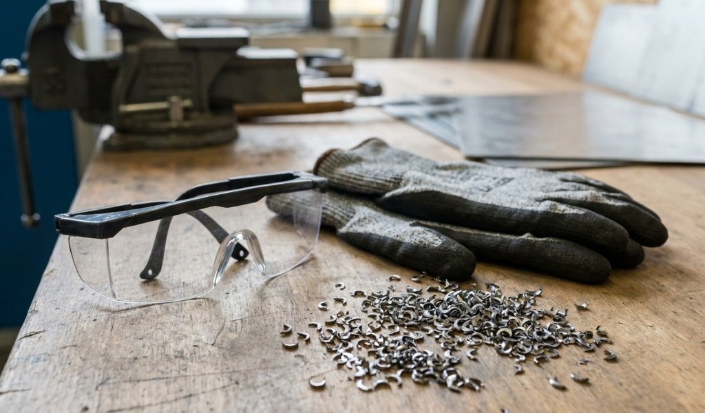 Metal Nibbler Waste Chips and Safety Gear
