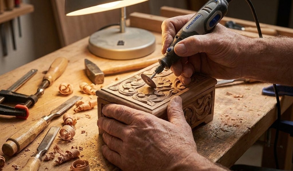 detail sanding kit being used on intricate wooden carvings