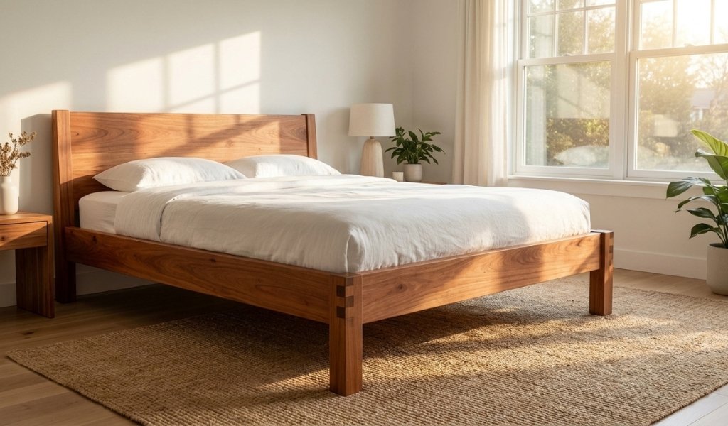 Handcrafted solid neem wood bed frame in a modern bedroom interior