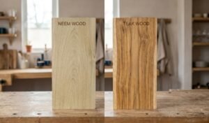 neem wood vs teak wood planks showing grain pattern color and natural oil texture