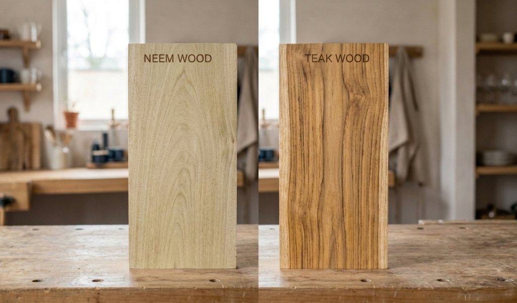 neem wood vs teak wood planks showing grain pattern color and natural oil texture