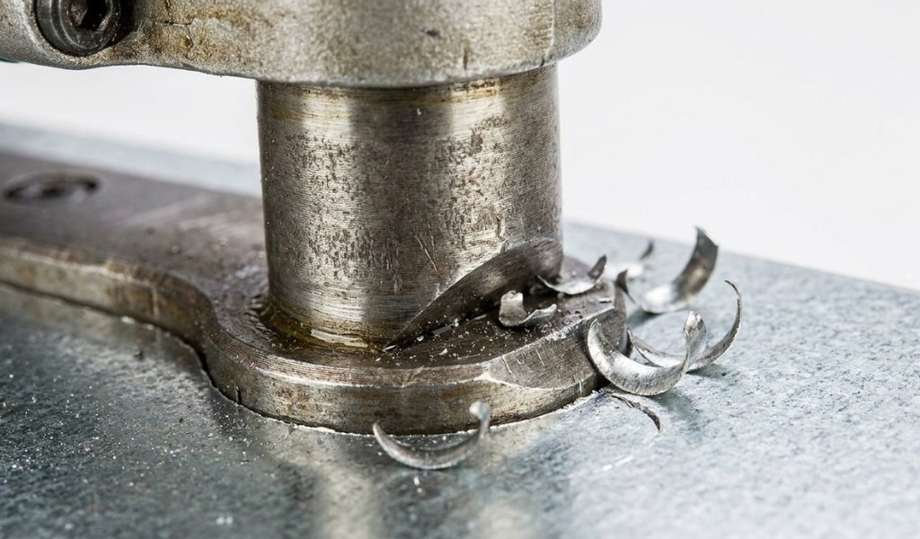 Close up view of nibbler punch and die mechanism punching small metal chips