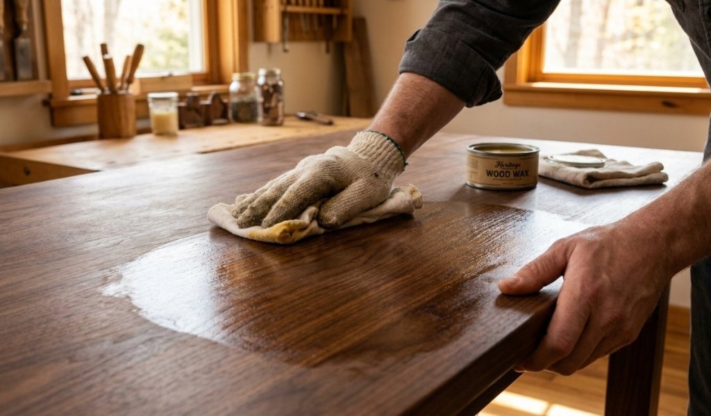 Person applying natural wax polish to a solid hardwood wooden table