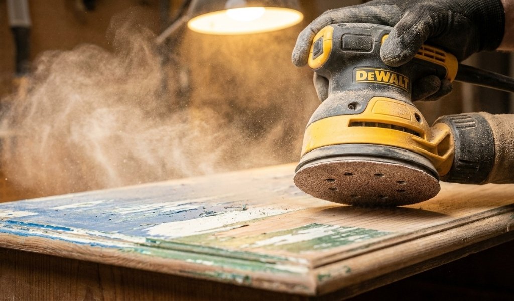 Using a random orbital power sander to strip thick layers of paint from a wooden furniture panel