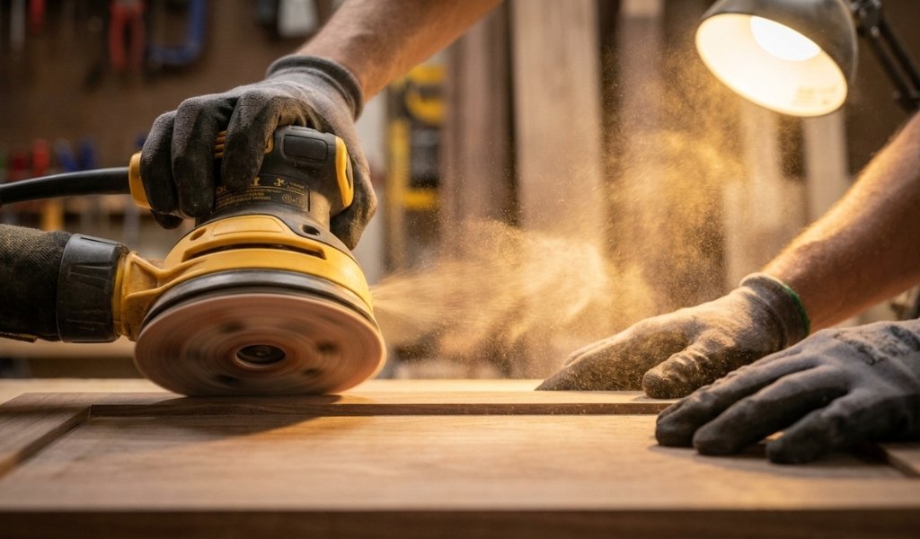 Using a 5-inch electric random orbital sander for smooth wood finishing