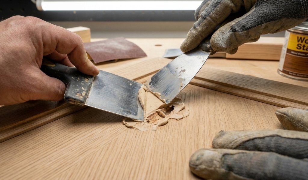 inspecting and filling cracks on a wooden board before sanding and painting