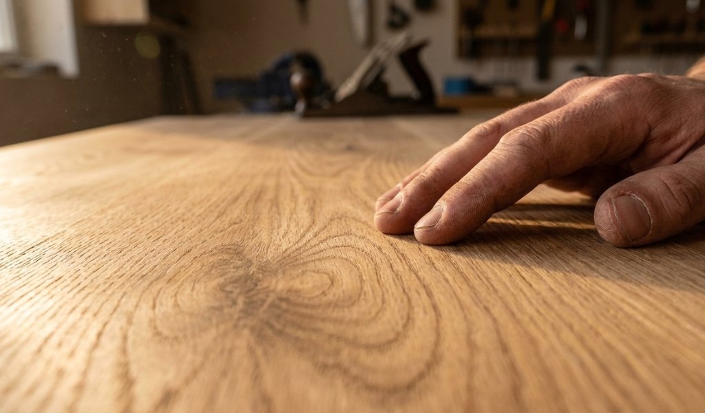 Inspecting smooth, freshly sanded bare wood grain after completely removing old paint
