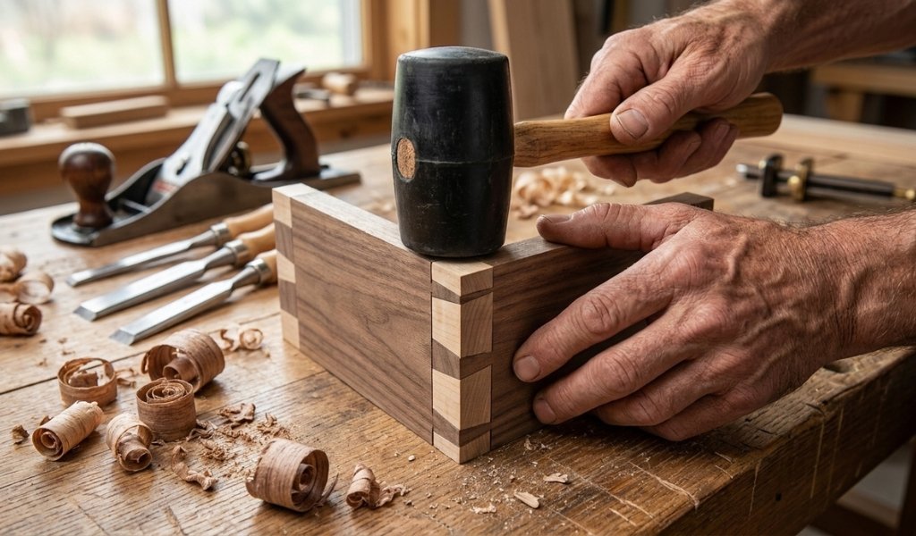 Woodworker using a black rubber mallet to assemble a wooden joint without damaging fibers