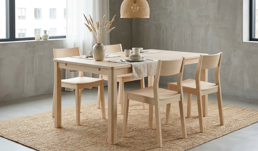 Clean light uniform texture rubberwood dining table and chairs set in a minimalist interior