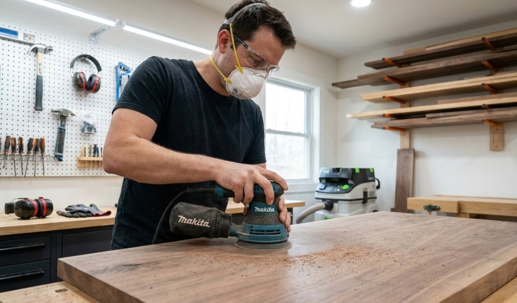 Woodworker wearing a respirator mask and safety glasses while sanding paint off wood