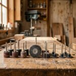 sanding drill bit attachments and accessories arranged on a workbench