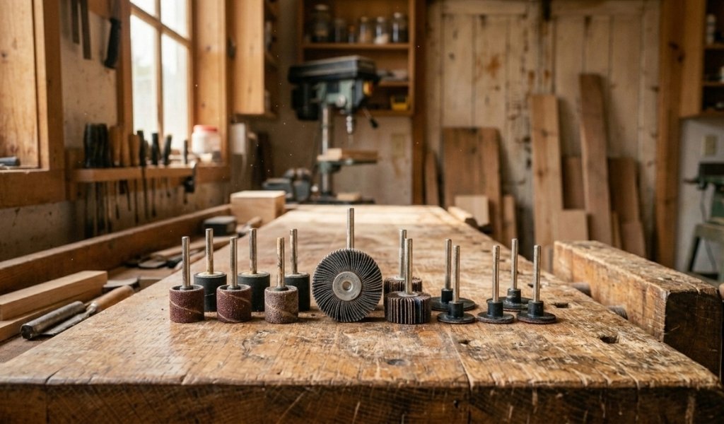 sanding drill bit attachments and accessories arranged on a workbench