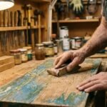 sanding paint off wood manually using a hand sanding block in a workshop