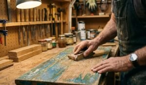 sanding paint off wood manually using a hand sanding block in a workshop