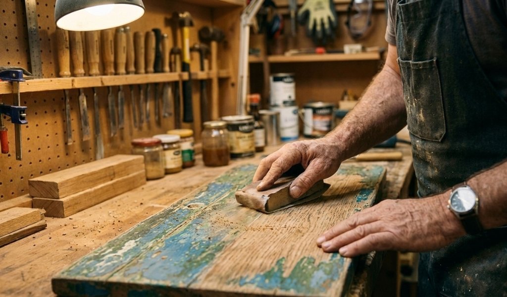 sanding paint off wood manually using a hand sanding block in a workshop