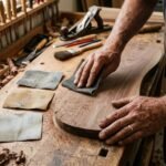 sanding paper for wood selection showing different grit sheets and hand sanding on a wooden board