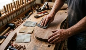 sanding paper for wood selection showing different grit sheets and hand sanding on a wooden board