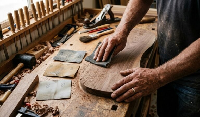 sanding paper for wood selection showing different grit sheets and hand sanding on a wooden board