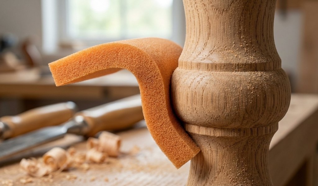 Flexible sanding sponge wrapping around curved wood profiles and furniture legs