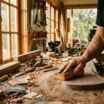 sanding sponge for wood being used by hand on a wooden project in a workshop