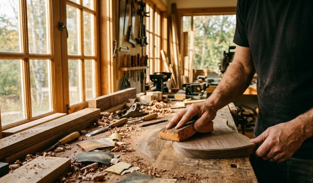 sanding sponge for wood being used by hand on a wooden project in a workshop
