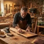 sanding wood before painting using a sanding block and orbital sander in a workshop
