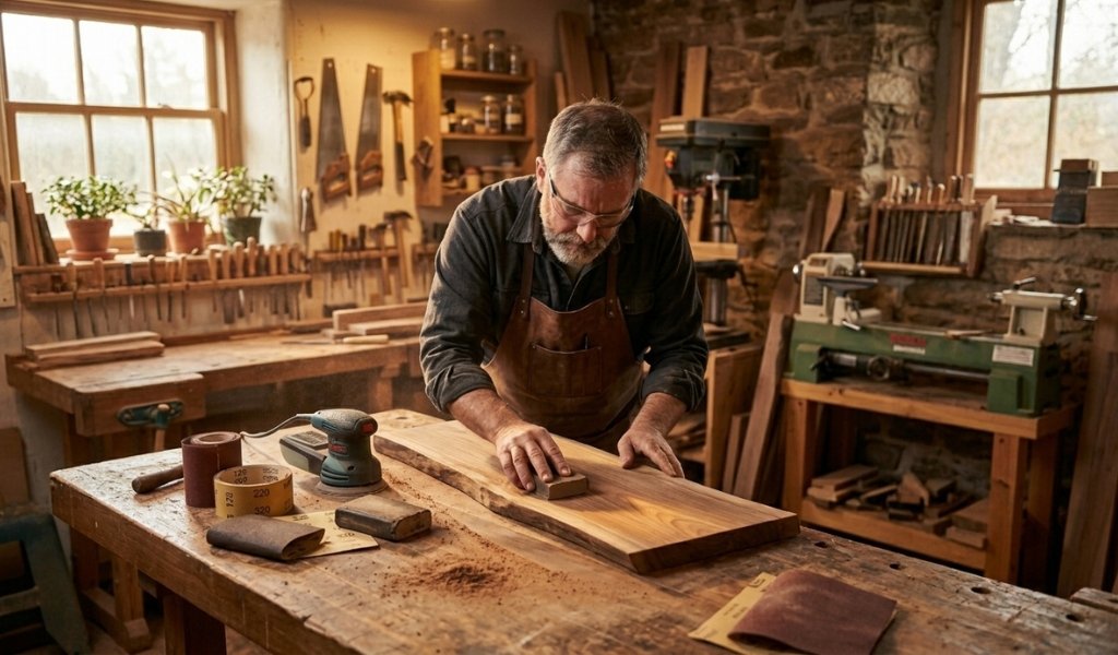sanding wood before painting using a sanding block and orbital sander in a workshop
