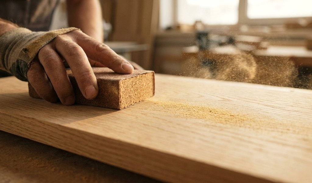 sanding flat wood surfaces using a sanding block parallel to the wood grain